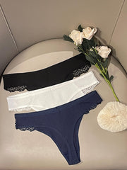 3pcs Lace Thongs Soft & Comfy Ribbed Panties Women's Lingerie