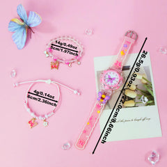 3pcs Girls' Pink & Clear Quartz Watch & Jewelry Set, Heart & Butterfly Bracelets