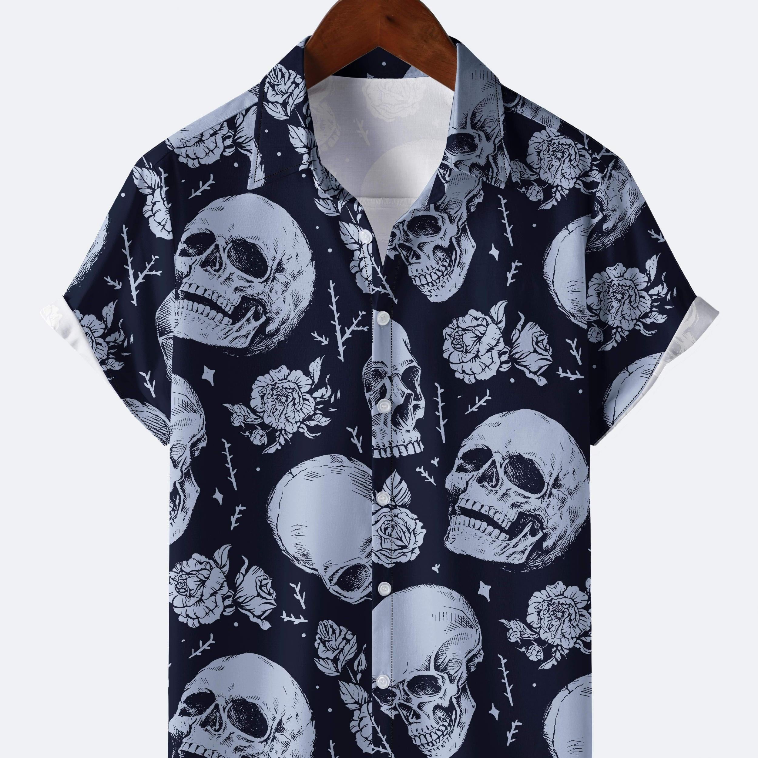 Men's Rose & Skull Print Hawaiian Shirt