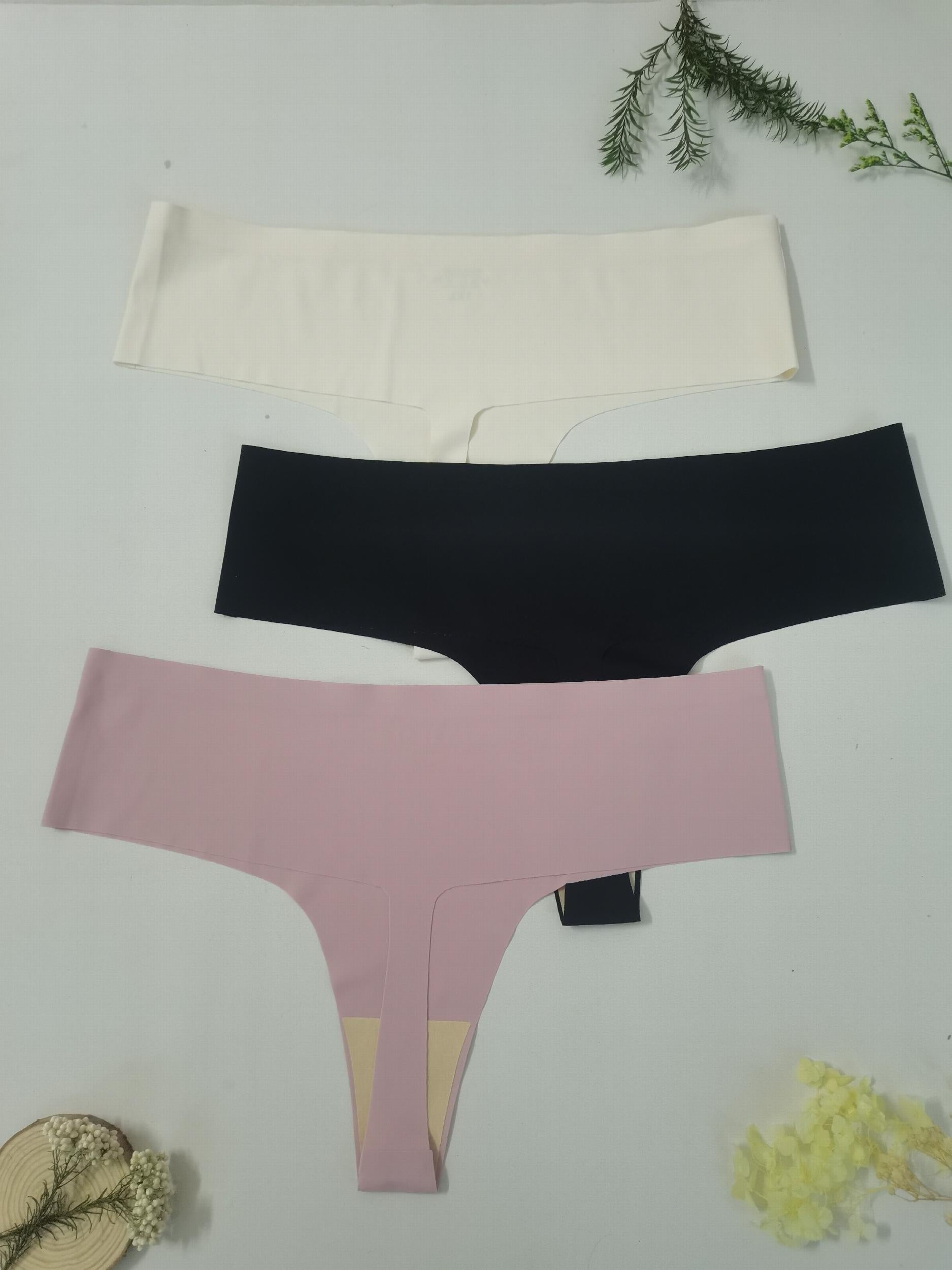 3 Pack Plus Size Seamless Thong Panties Set Women's Mid Waist Stretch