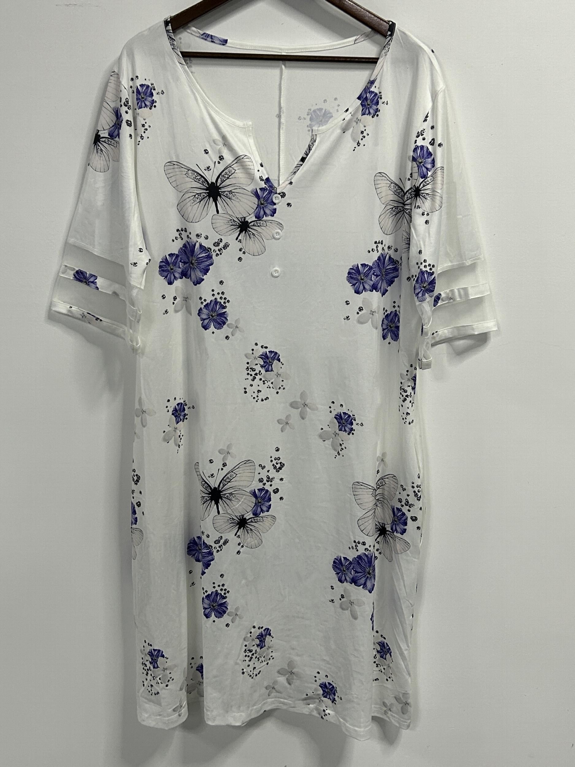 Floral & Butterfly Printed Casual Dress with Mesh Sleeves & Pockets