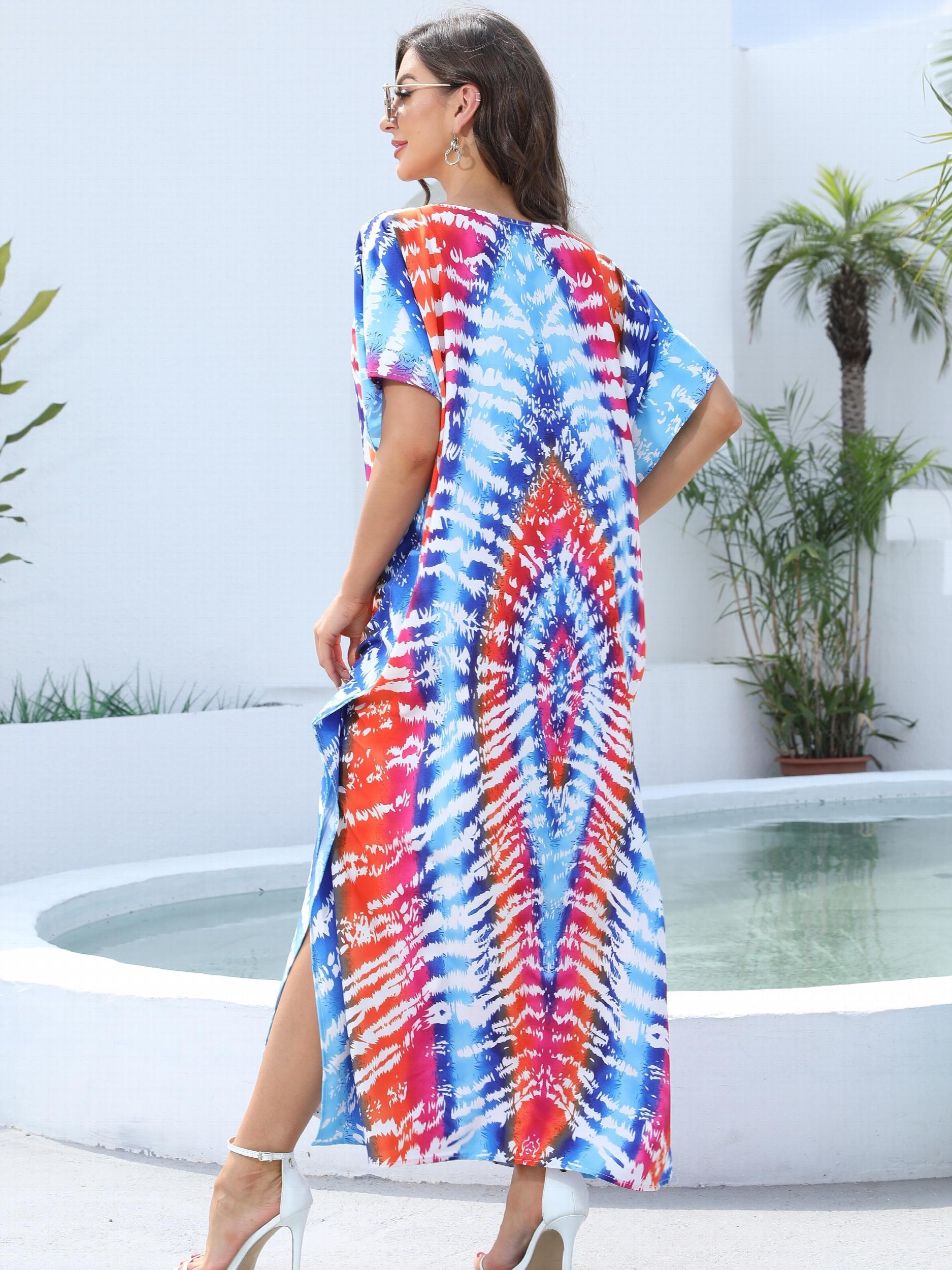 Tie Dye Batwing Sleeve V Neck Split Kaftan Maxi Cover Up Dress