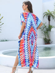 Tie Dye Batwing Sleeve V Neck Split Kaftan Maxi Cover Up Dress