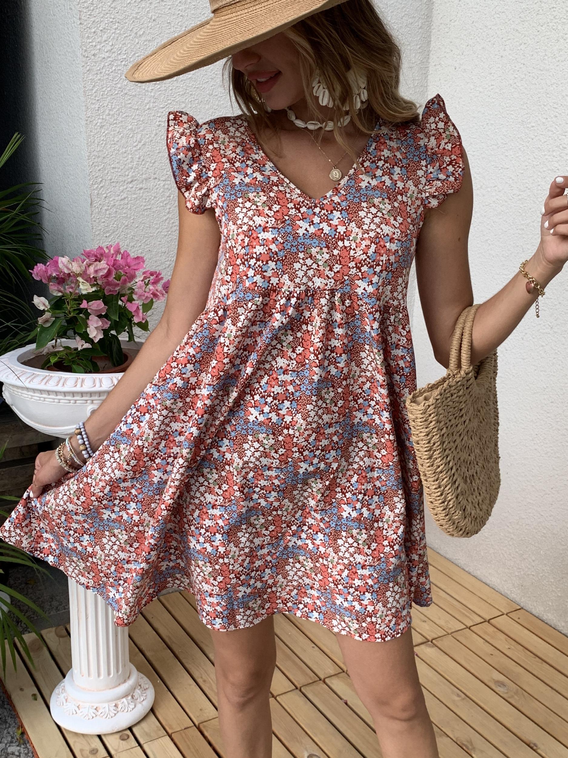 Floral Print Dress Ruffle Trim V Neck Sleeveless Boho Dress