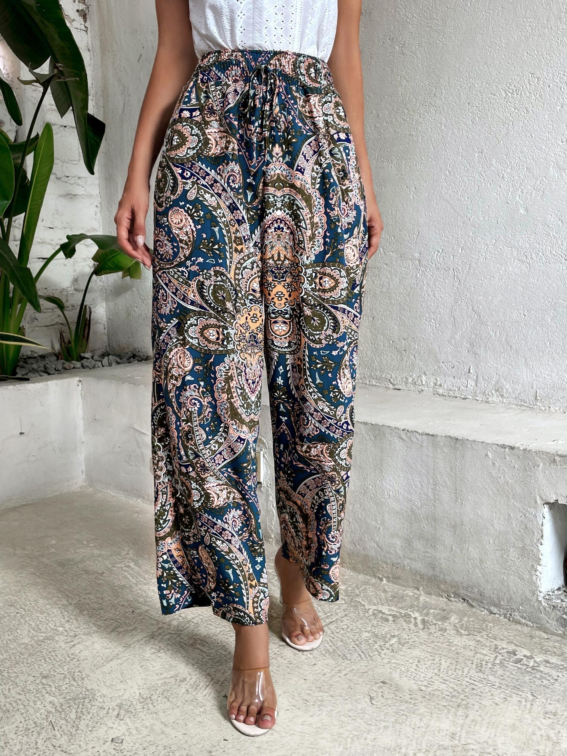Paisley Print Wide Leg Pants Boho Shirred Waist Pants