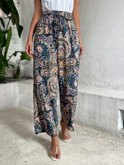Paisley Print Wide Leg Pants Boho Shirred Waist Pants