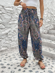 Paisley Print Smocked Waist Joggers Boho Fitted Bottom Pants