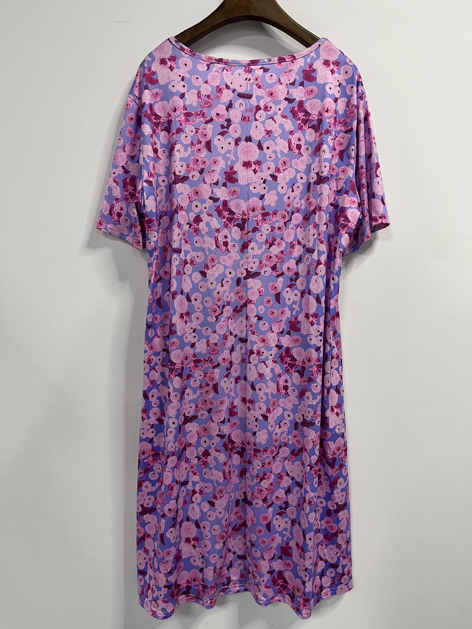 Allover Floral Print Short Sleeve Pleated Dress With Pockets