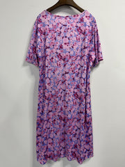 Allover Floral Print Short Sleeve Pleated Dress With Pockets