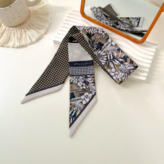 Plaid Flower Skinny Scarf Classic Long Ribbon Neckerchief Satin Twilly Scarf