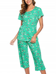 Star Print Pajama Set Short Sleeve Round Neck Top & Elastic Waistband