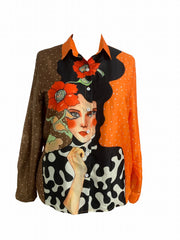 Colorblock Print Button Up Long Sleeve Blouse