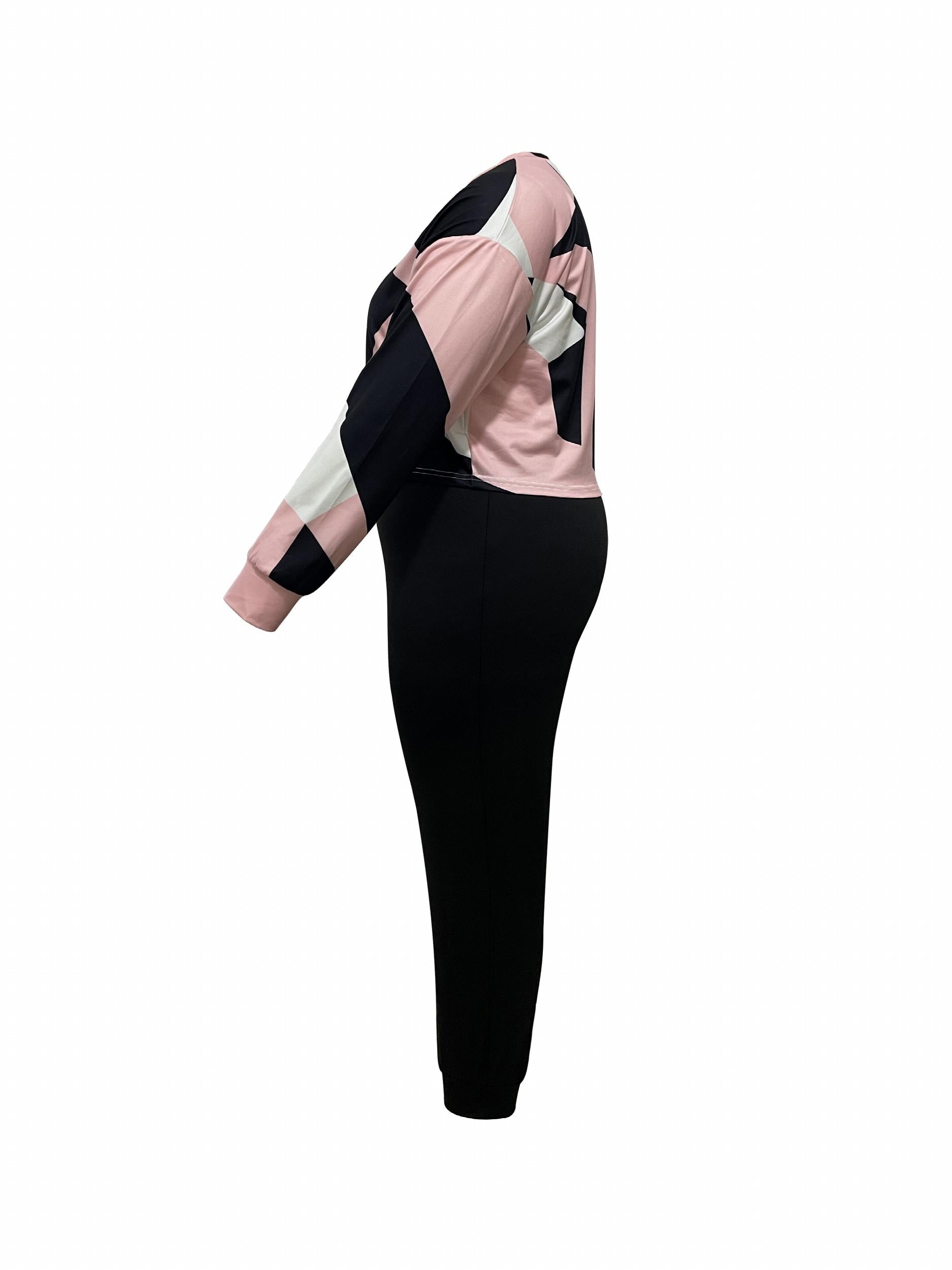 Women's Plus Geometric Print V Neck Top & Pants Outfits 2 Piece Set