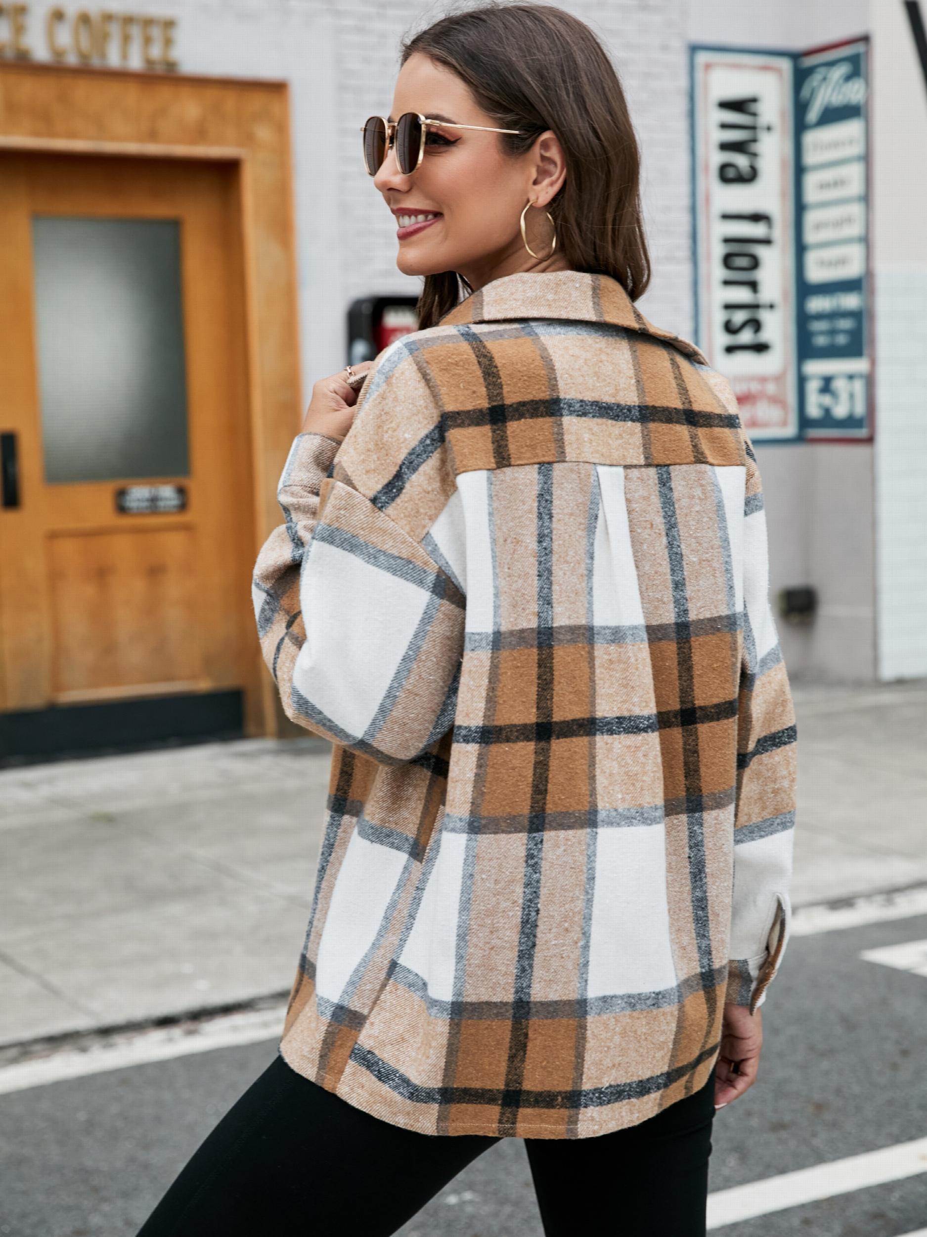 Plaid Print Shacket Button Front Collar Outerwear