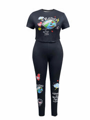 Women's Plus Graphic & Letter Print Short Sleeve Top & Leggings Set