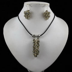 Black Leather Crystal Beads Grape Necklace and Earrings Set
