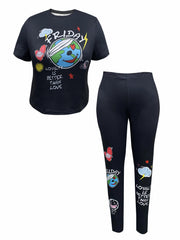 Women's Plus Graphic & Letter Print Short Sleeve Top & Leggings Set