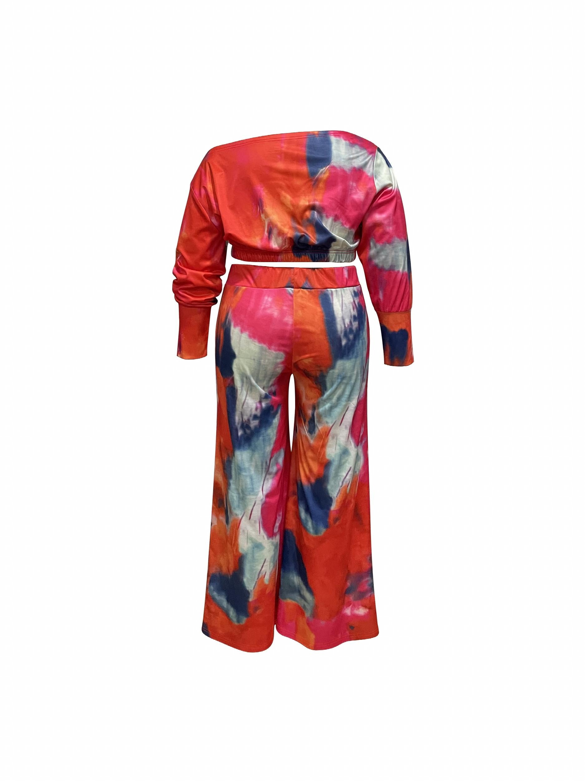Tie Dye One Shoulder Crop Top & Wide Leg Pants Set