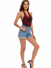 Ruched Halter Neck Bodysuit Sexy Sleeveless Drawstring Backless Slim Bodysuit