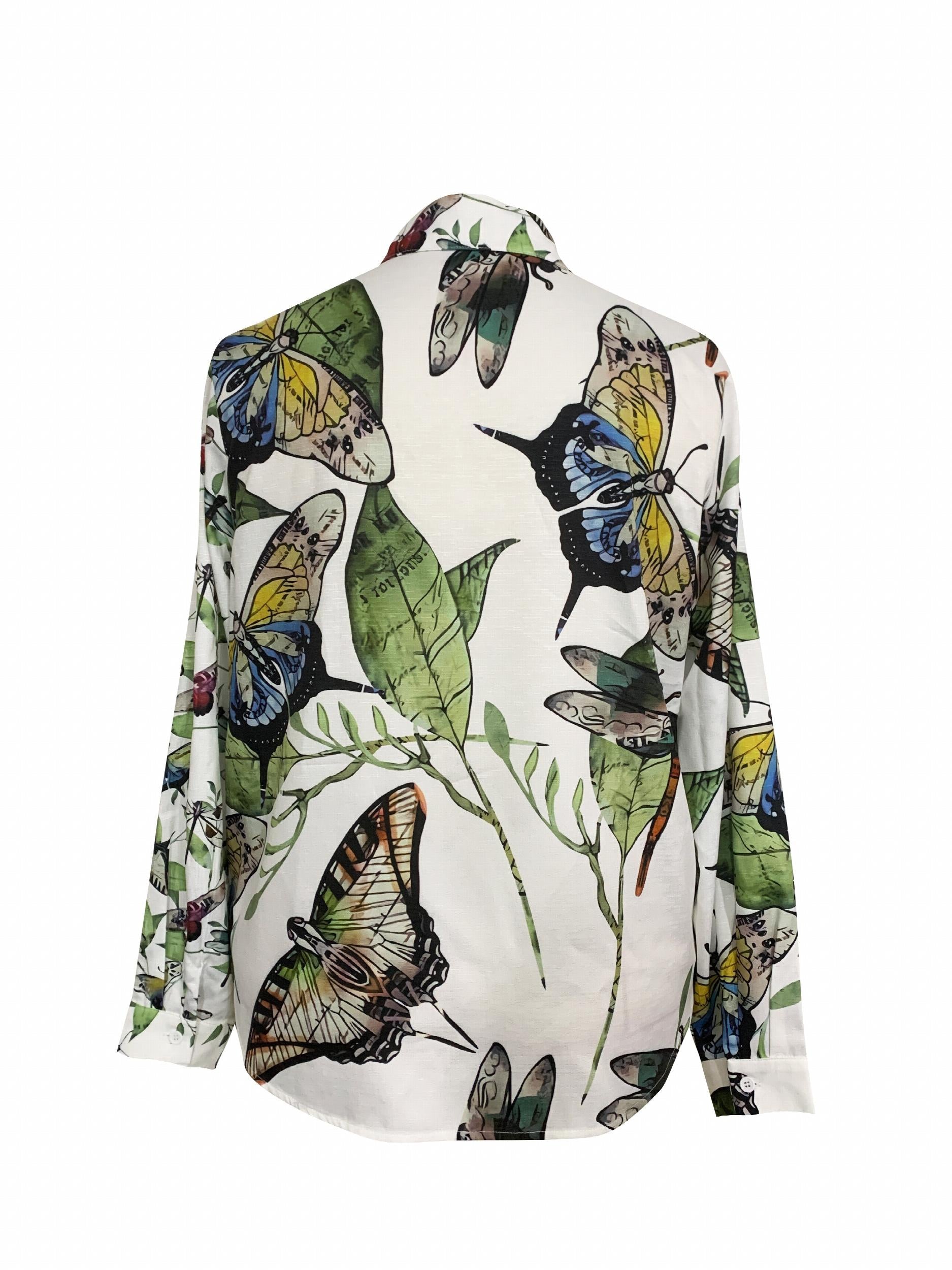 Dragonfly & Butterfly Print Long Sleeve Blouse