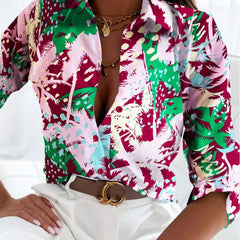 Tree Print Long Sleeve Collar Blouse