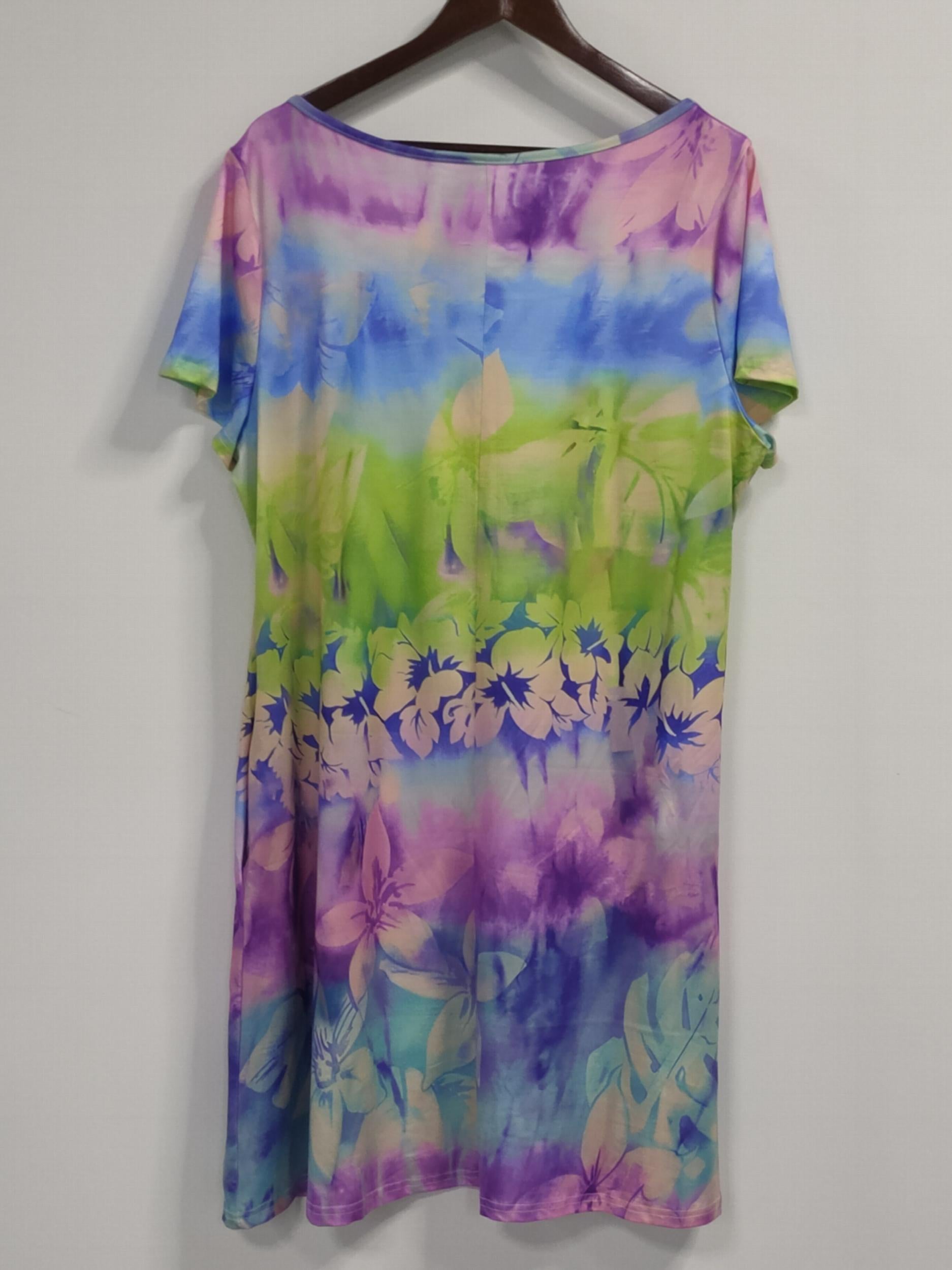 Plus Size Floral Print Short Sleeve Dress With Pockets