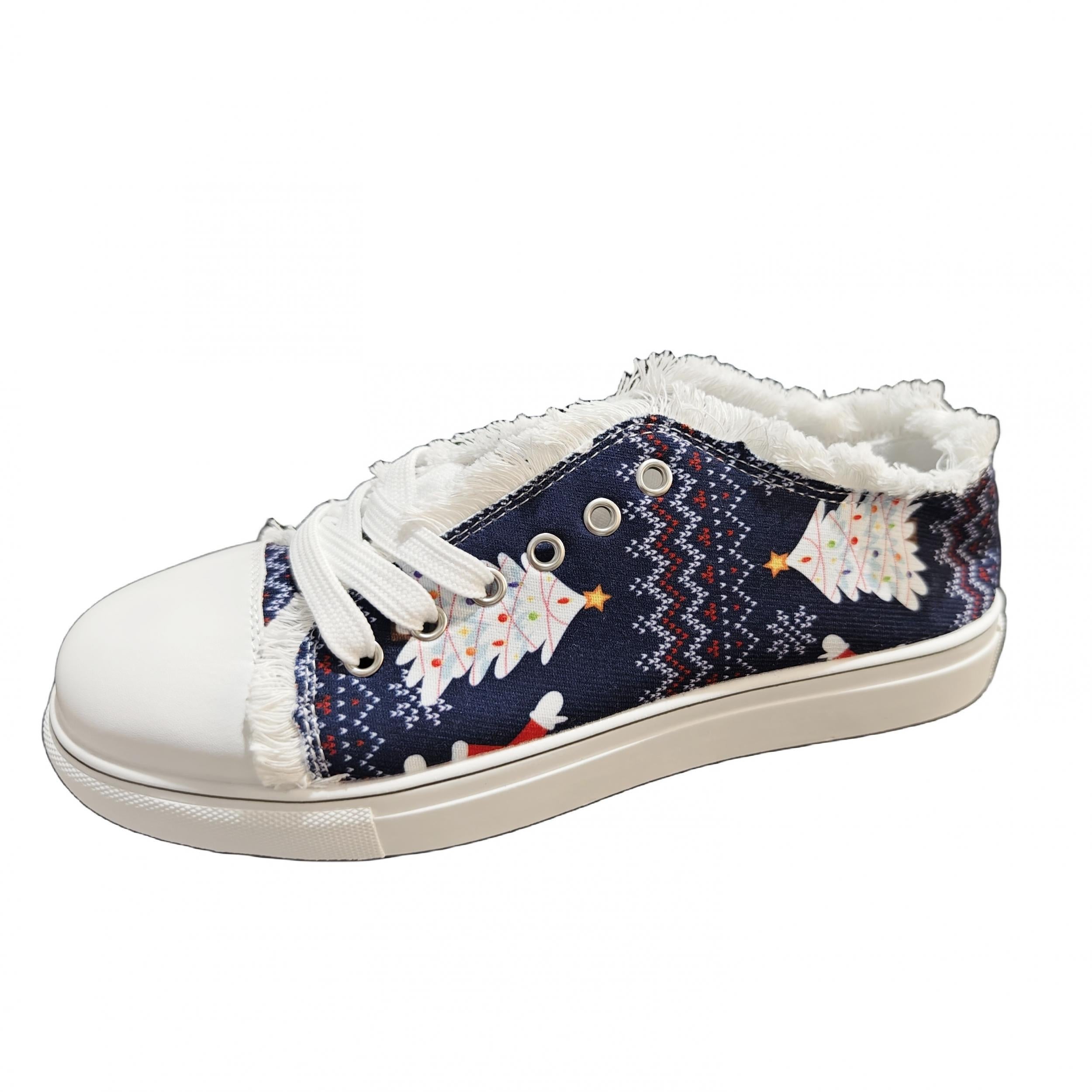 Women's Christmas Tree Pattern Flat Shoes with Raw Trim