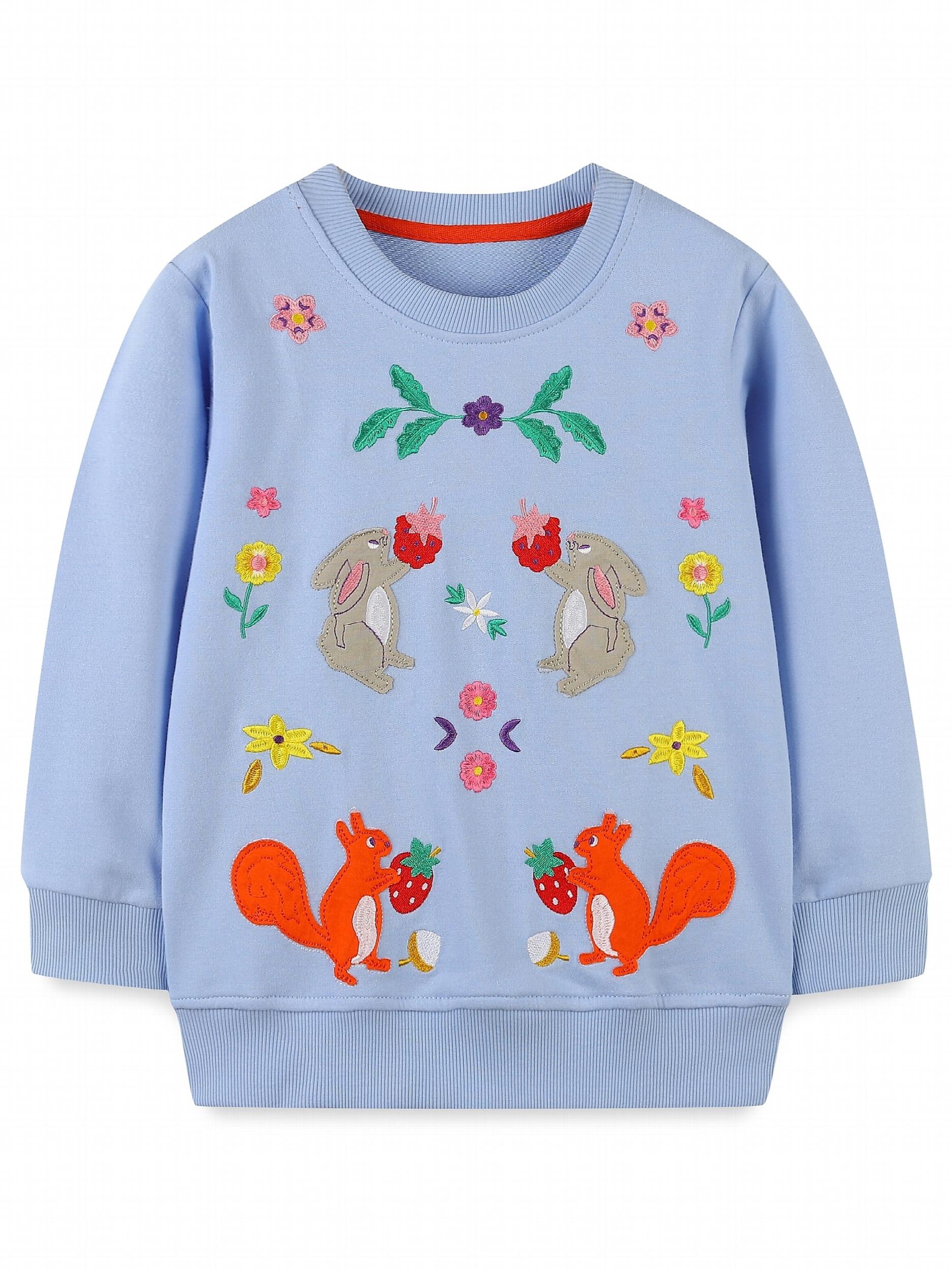 Girls Elephant Embroidery Sweatshirt Long Sleeve Pullover Cotton Tops For Kids