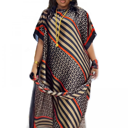 Colorblock Stripe Geometric Print Batwing Kaftan Dress
