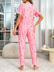 Strawberry Print Pajama Set Short Sleeve Top & Pants Women's Sleepwear