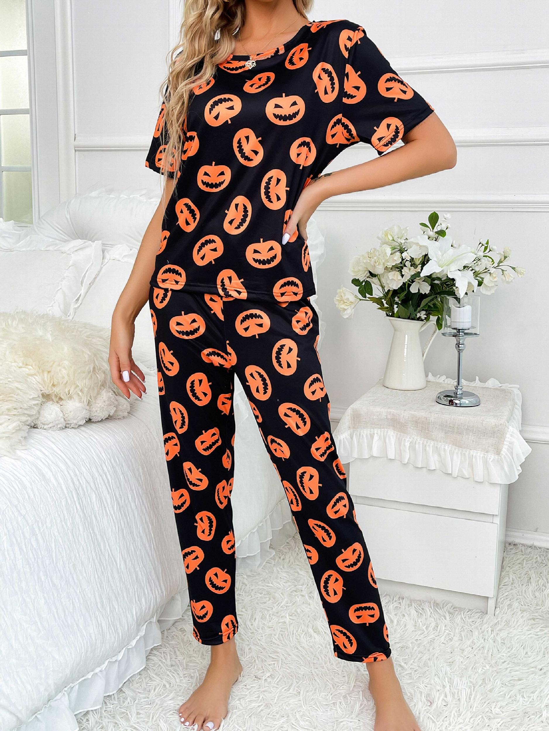 Pumpkin Print Pajama Set Short Sleeve Crew Neck Top
