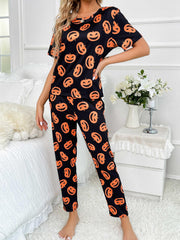 Pumpkin Print Pajama Set Short Sleeve Crew Neck Top