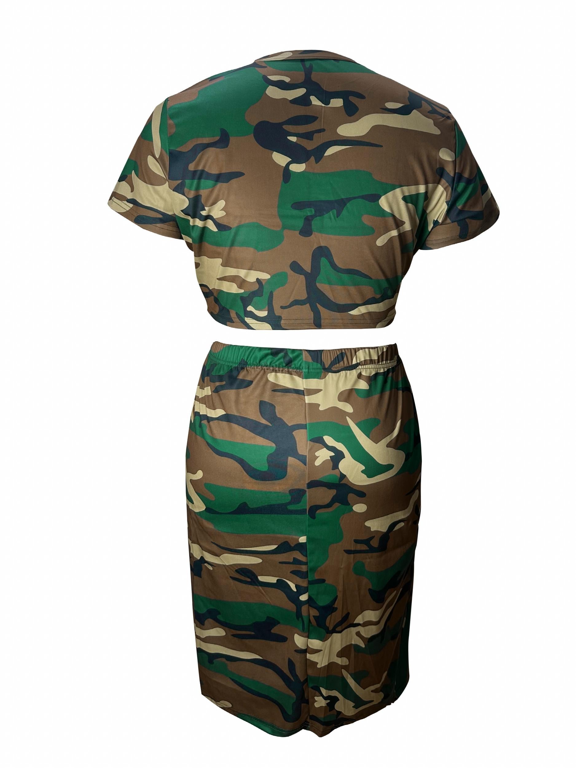 Women's Plus Camo Crop Top & Split Skirt Outfit Two Piece