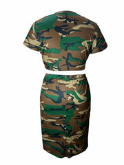 Women's Plus Camo Crop Top & Split Skirt Outfit Two Piece