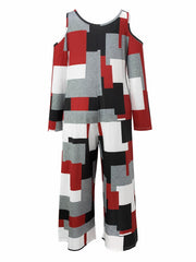 Geometric Print Cold Shoulder Long Sleeve Jumpsuit