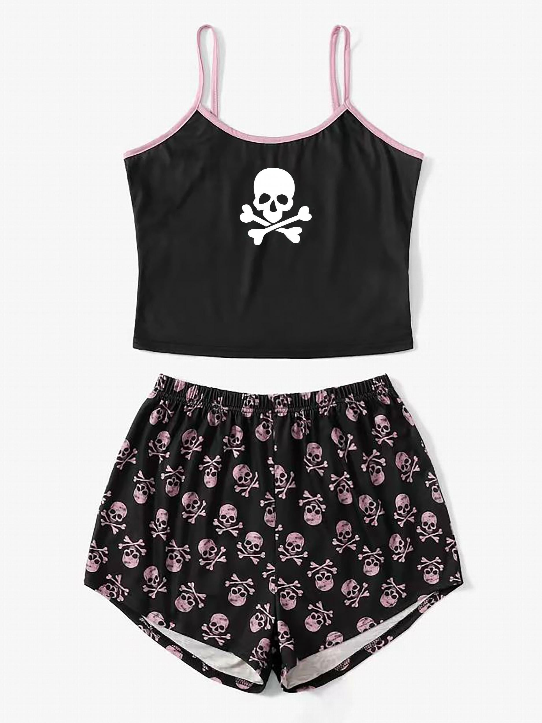 Skull Print Pajama Set Cami Top & Shorts Sleepwear Loungewear