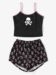 Skull Print Pajama Set Cami Top & Shorts Sleepwear Loungewear