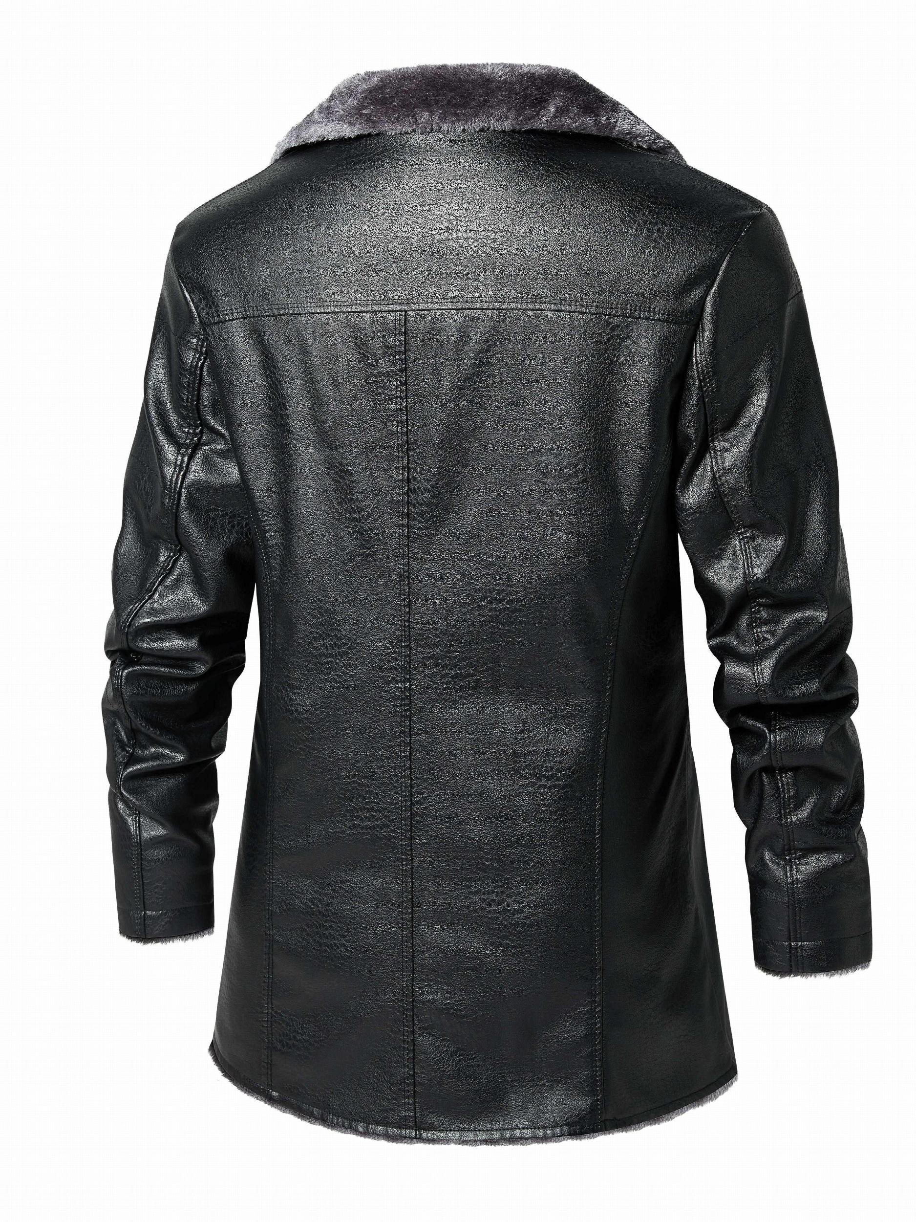 Men's Warm Fleece PU Jacket Button Up Lapel Faux Leather Overcoat