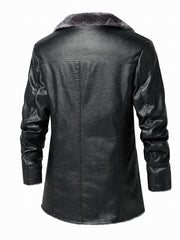 Men's Warm Fleece PU Jacket Button Up Lapel Faux Leather Overcoat
