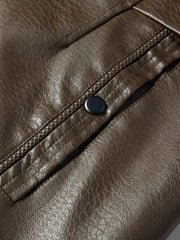 Men's Warm Fleece PU Jacket Button Up Lapel Faux Leather Overcoat