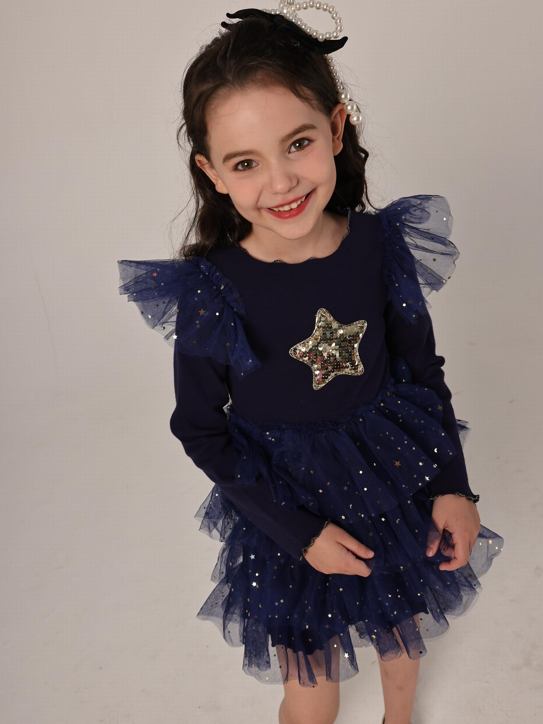 Star Girl Long Sleeve Mesh Tiered Party Tutu Dress Birthday Princess