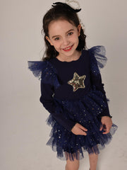 Star Girl Long Sleeve Mesh Tiered Party Tutu Dress Birthday Princess
