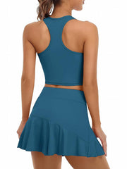2pcs Racerback Sports Top & Ruffled Tennis Skorts Set