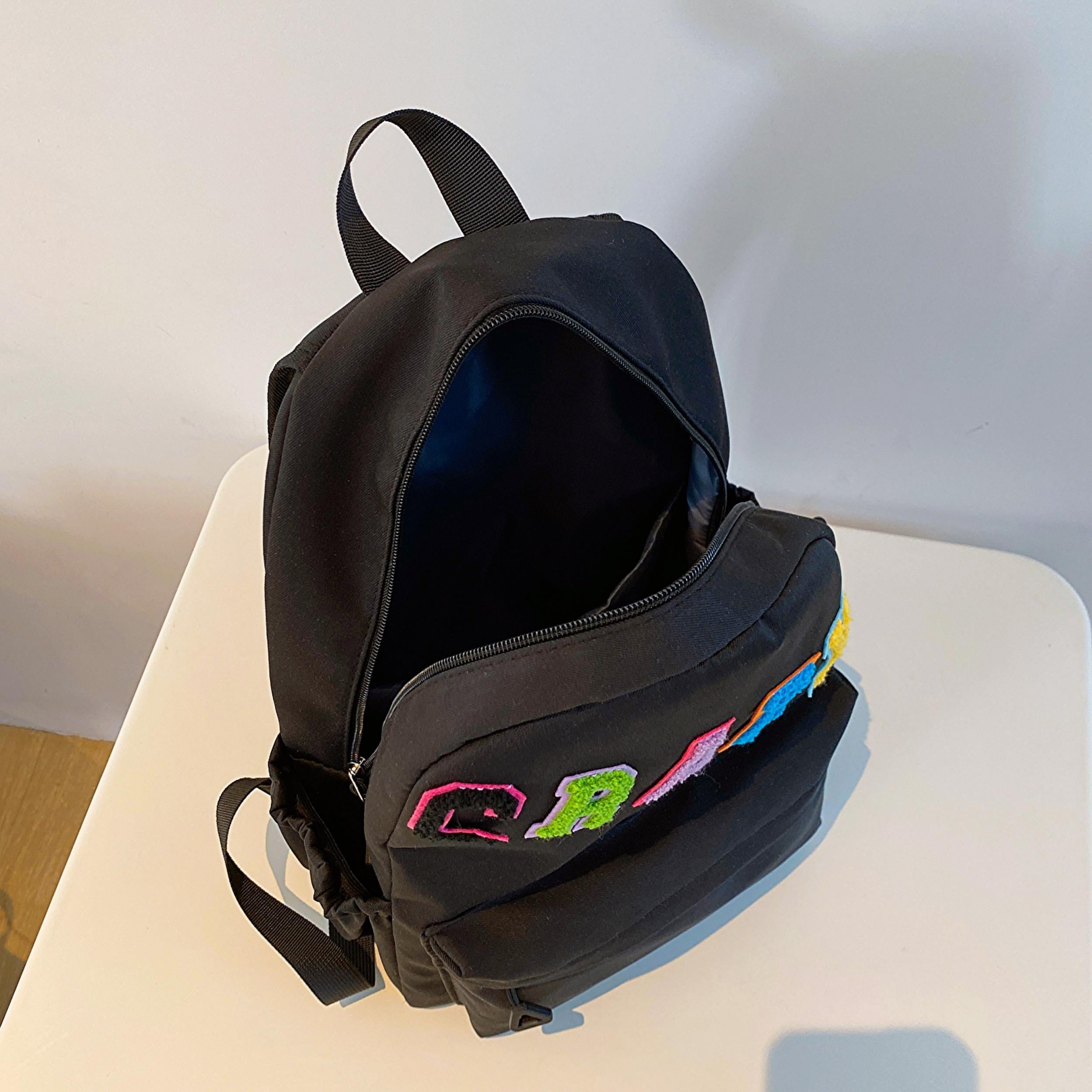 Colorful Plush Letter Patch Backpack Nylon Travel Daypack