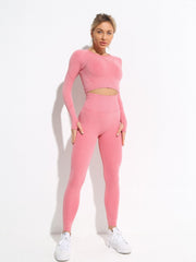 2pcs Yoga Sports Set Long Sleeve Crop Top & High Waist Leggings