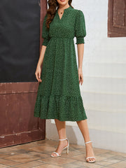 Polka Dot V Neck Shirred Cuff Dress Casual Short Sleeve Dress