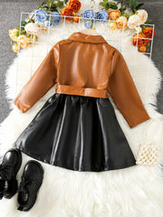 Baby Girls PU Leather Dress Long Sleeve Lapel With Belt Dress
