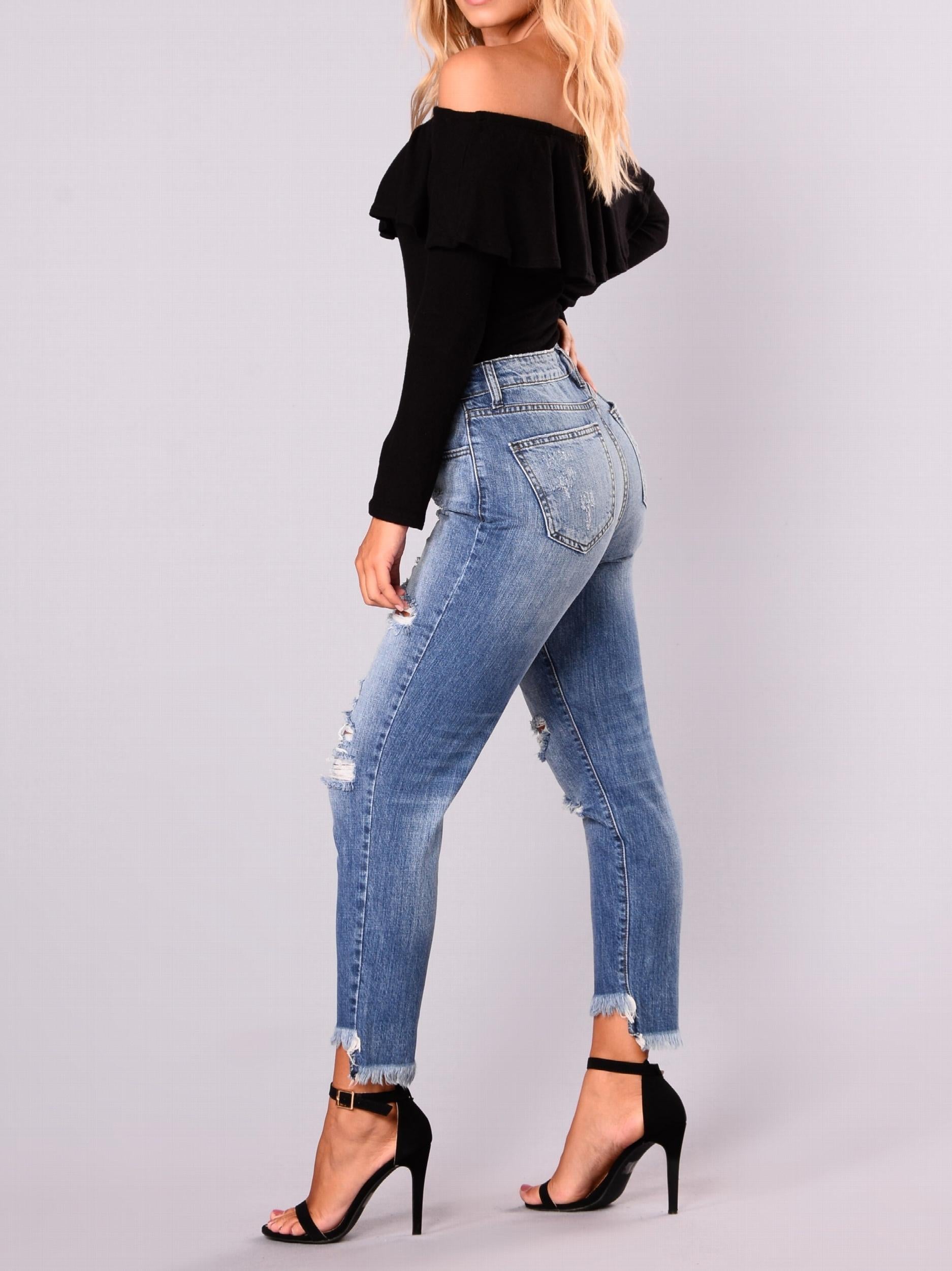 Solid Ripped Button Fly High Rise Tapered Leg Jeans