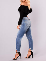 Solid Ripped Button Fly High Rise Tapered Leg Jeans