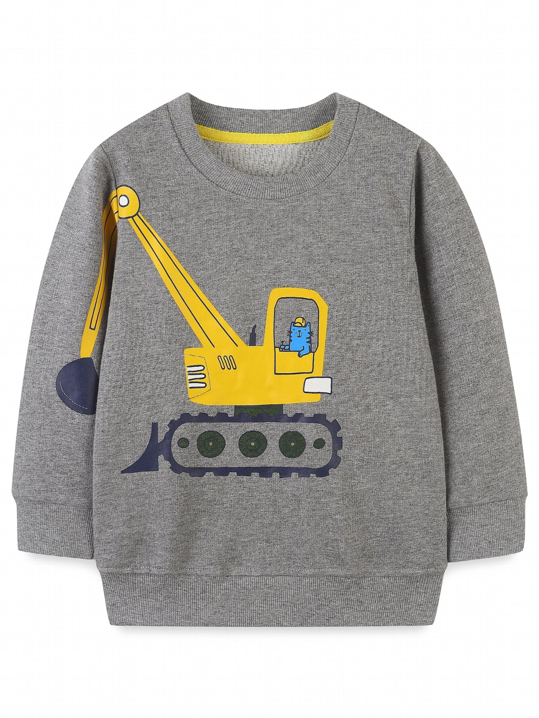 Cartoon Cat Excavator Print Boys Crew Neck Sweatshirt